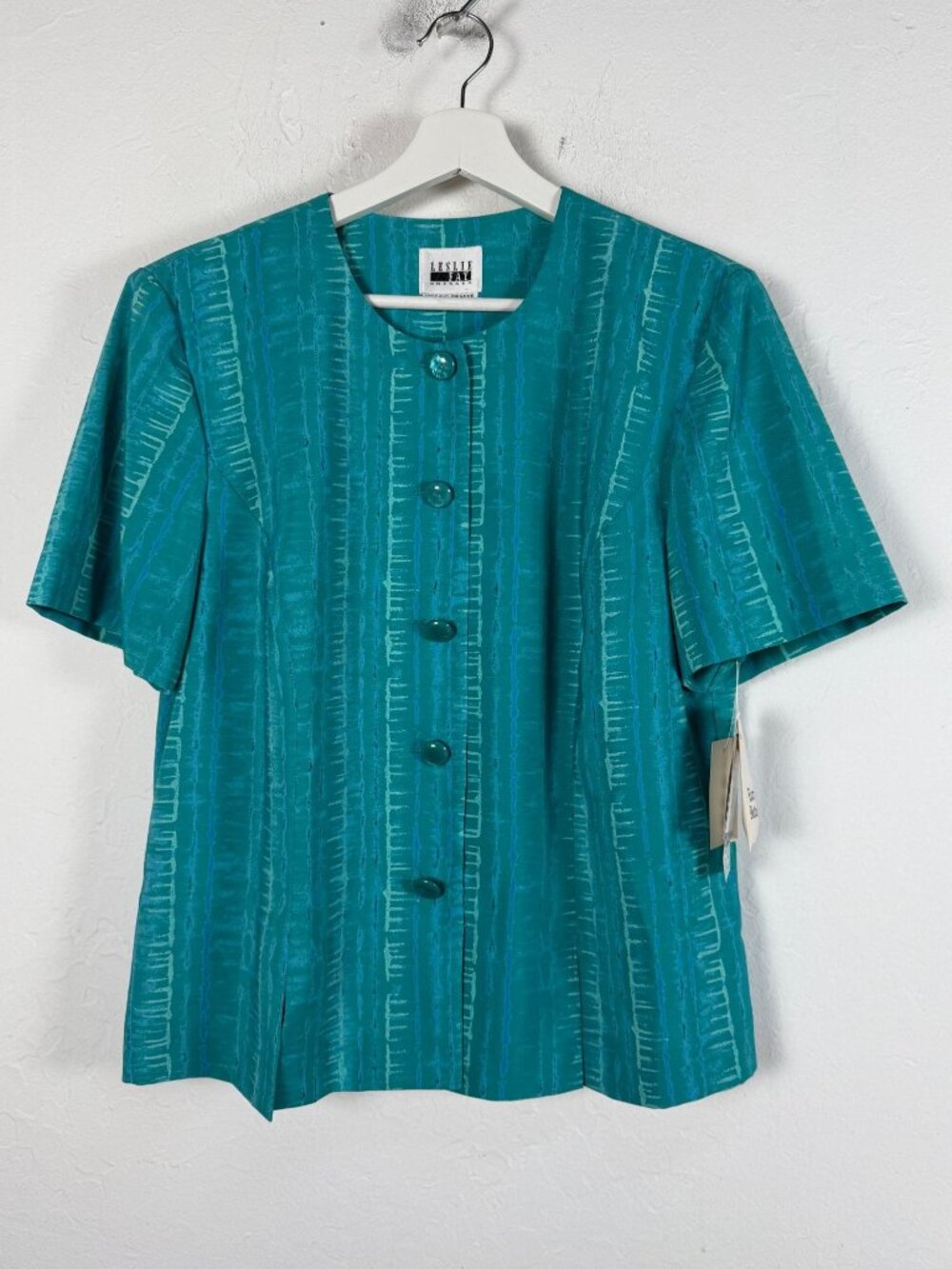Vintage Leslie Fay Womens Jade Striped Blouse Short Sleeve Button Front 16 New